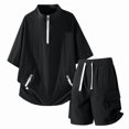 thumbnail image 5 of Men Bubble Textured 2 Piece Outfit Set, Quarter Zip Stand Collar Short Sleeve Jacket and Drawstring Elastic Waist Cargo Pocket Shorts Summer Tracksuit Size 4XL Black, 5 of 5