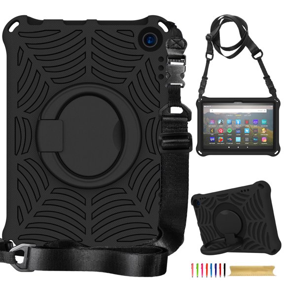 Kids Case for Amazon Kindle Fire HD 8/HD8 Plus 10th Generation 2020/2022 with Pencil Holder/Multi-Function Kickstand-Handle/Shoulder Strap, Protection Duty Shockproof Silicone Cover - Black