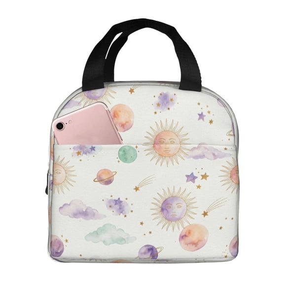 Sun and Moon Insulated Lunch Box Unique Cosmic Pattern Reusable Cooler Handbag Front Pocket Handheld Portable Thermal Meal Tote for Women Men Work Office