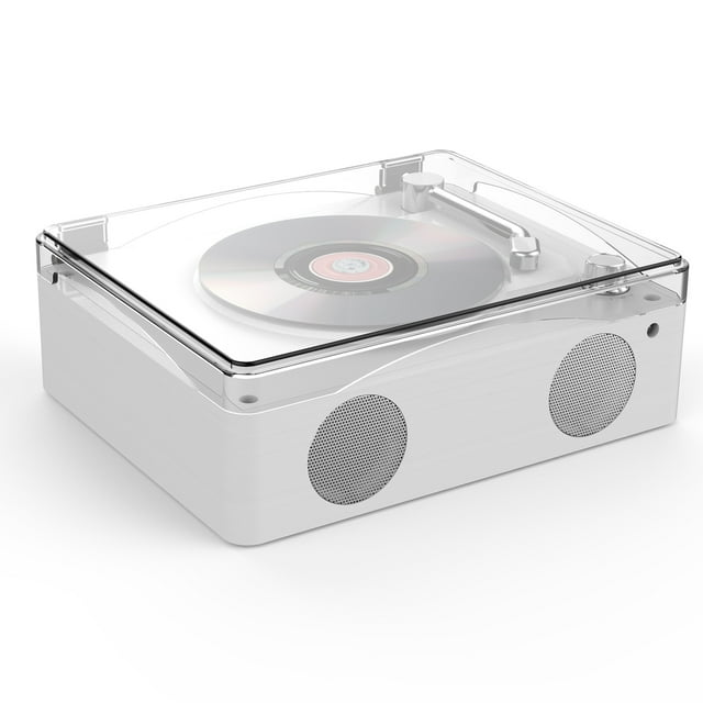 yeacher Retro Wooden CD Player with Bluetooth, USB, and Line-in Modes, Dual Speakers, Volume Knob, Dust Cover, Remote Control, and 2000mAh Battery in White