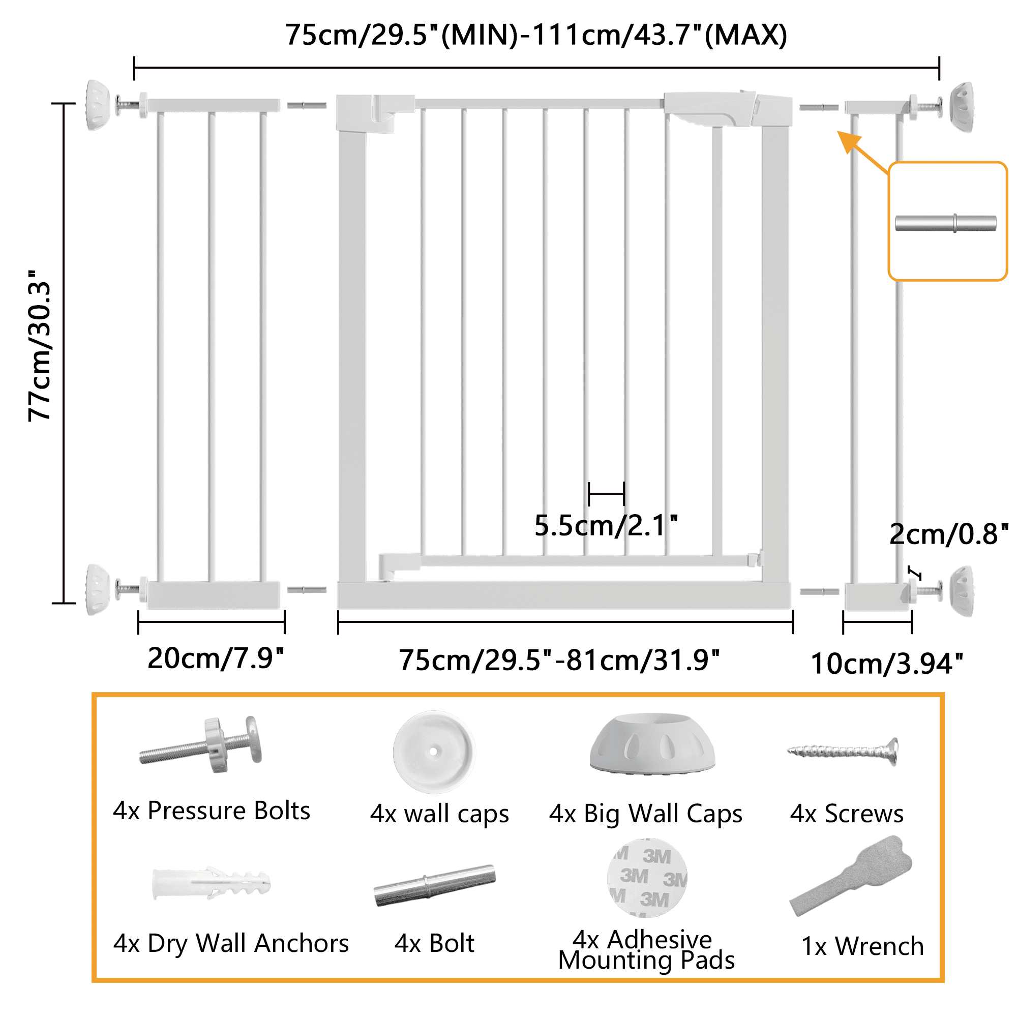 Leumius 29.5-45.3" Wide Baby Gate with Wall Protector for Stairs and Doorways, No Drilling Pressure Mounted Pet Gates for Kids, Easy Walk Through Safety Gate White
