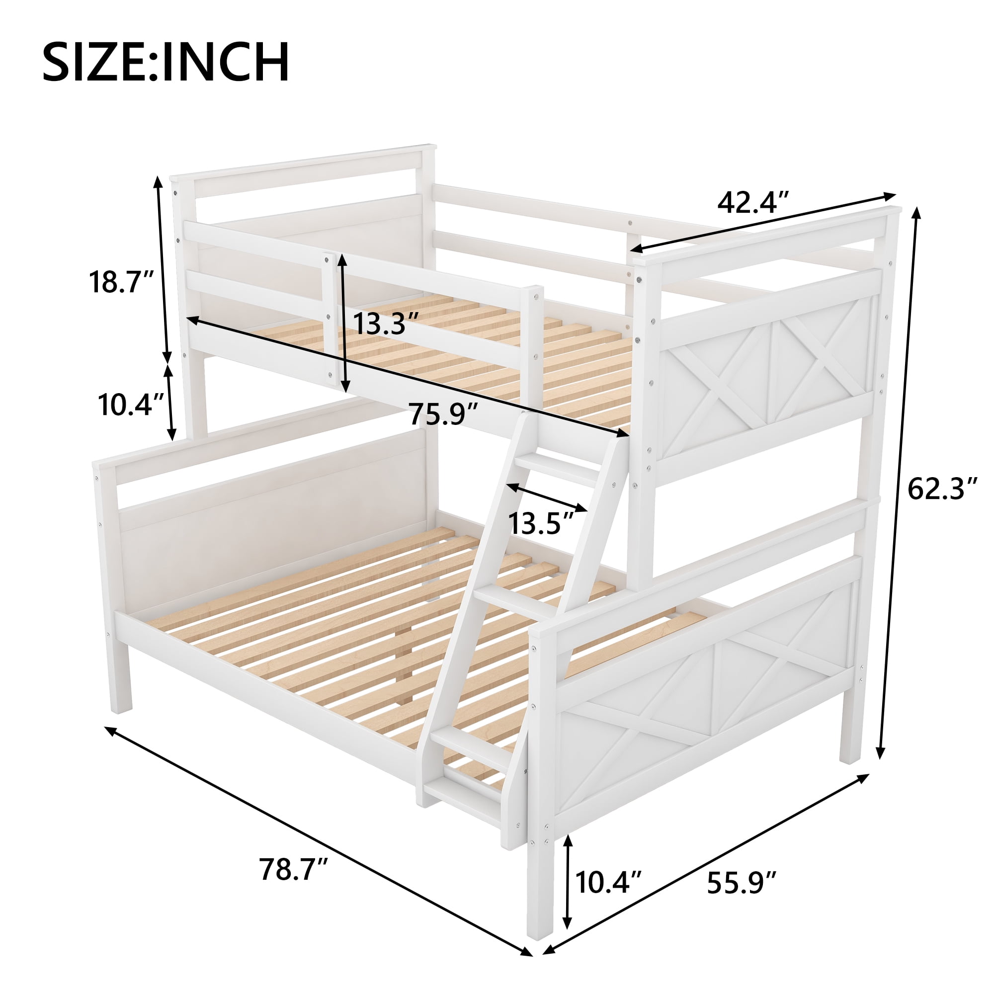 Euroco Modern Solid Wood Twin over Full Kids Bunk Bed Frame with Ladder, White