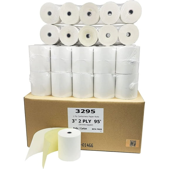 (40 Rolls) 3" X 95 Feet 2Ply Carbonless Rolls (Made in USA) White/Yellow Receipt Paper POS Cash Register Two Ply White/Canary for SP700 SP2000 UP389 Omni 480 TMU 220 250 Require Ribbons ERC30/34/38
