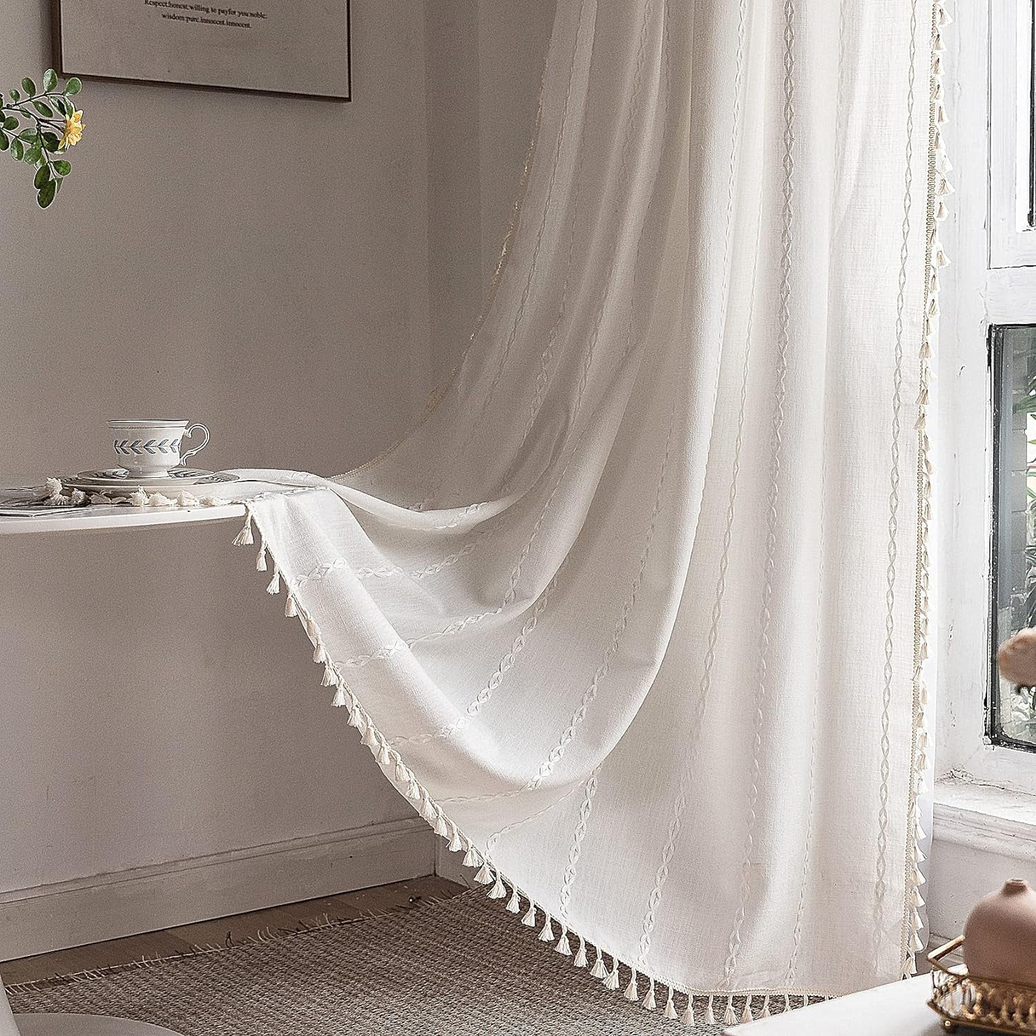 Psoiuetr White Boho Curtains for Bedroom Living Room Linen Cotton Embroidered Semi Blackout Farmhouse Window Treatment Drape Vintage Tassels Rod Pocket 1 Panel 52" W x 63" L