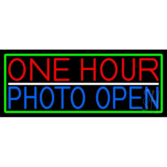 One Hour Photo Open With Green Border LED Neon Sign 10 x 24 - inches, Black Square Cut Acrylic Backing, with Dimmer - Bright and Premium built indoor LED Neon Sign for art gallery, and exhibition.