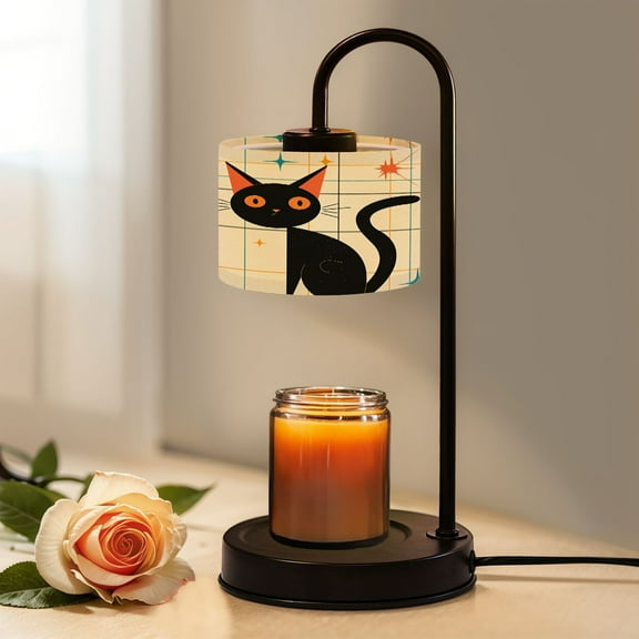 Candle Warmer Lamp with Timer, Mid Century Black Cat Retro Stars Abstract Cute Animal Non-slip Wireless Remote Control Wax Melts Warmer with 4 Bulbs for Home Office Dorm, Birthday Gifts for Women