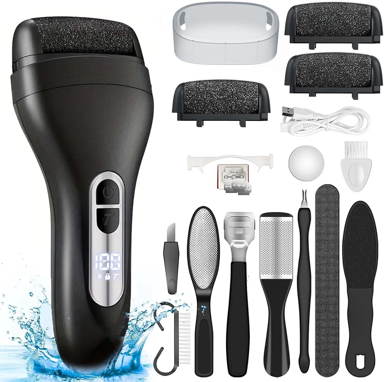 Aorsher Portable Pedicure Kit for Feet, Electric Foot File Callus Remover with Larger Grinding Head and LCD Display, Rechargeable Waterproof File Callus Remover, Black