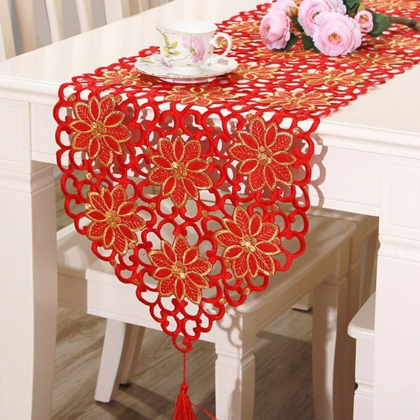 Marsin Rouge Fleur Vintage Table Coureur Nappe Drapeau Pompon Décoration de Fête de Mariage à la Maison