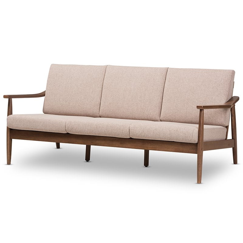 Venza Mid-Modern Walnut Wood Fabric Upholstered 3 Seater Sofa - Baxton Studio: Rubberwood Frame, Polyester