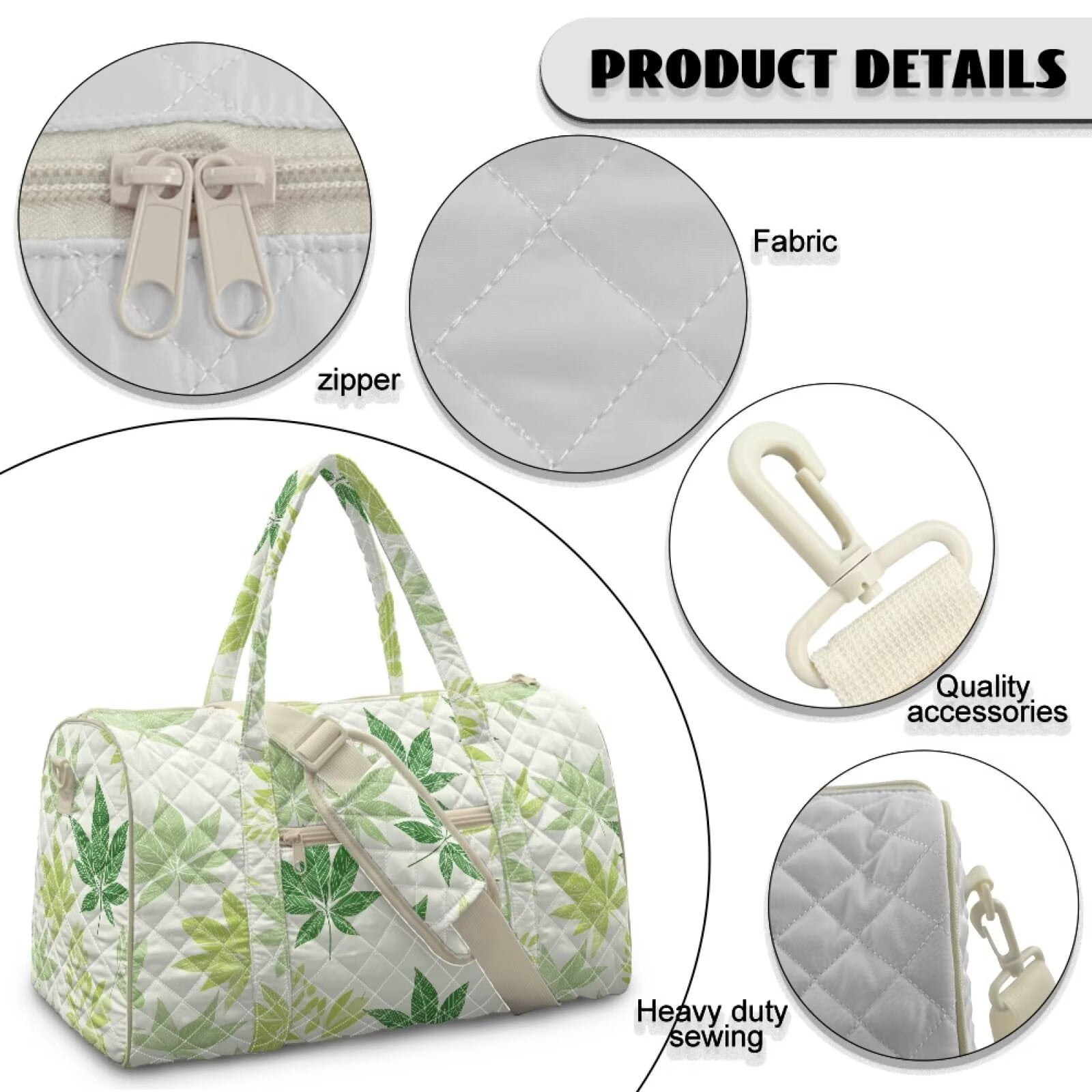 Xixirimido Travel Duffel Bags for Women Men Weekender Overnight Bag Carry On Quilted Fabric, Women Hospital Bags for Labor and Delivery, Abstract Leaves Green