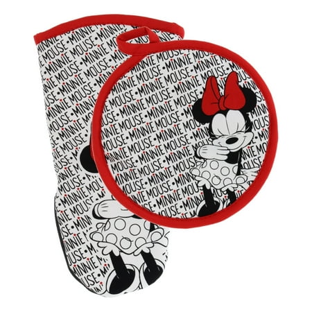 Disney Kitchen Puppet Oven Mitt/Glove and Circle Potholder Set w/Neoprene for Easy Non-Slip Gripping- Protect Your Hands in The Kitchen - Heat Resistant Kitchen Accessories- Minnie Mouse (Best Potholders And Oven Mitts)