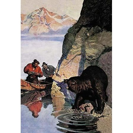 Bear drink Rifle shoot pioneer Glacier Mountain Lake Calm fissure mountain men Grizzly Grizzly attack canoe Poster Print by NC