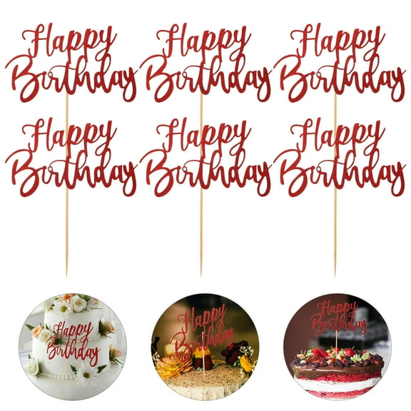 WRISTBIQUE 6Pcs Red Birthday Cake Toppers Glitter Picks for Party Celebration