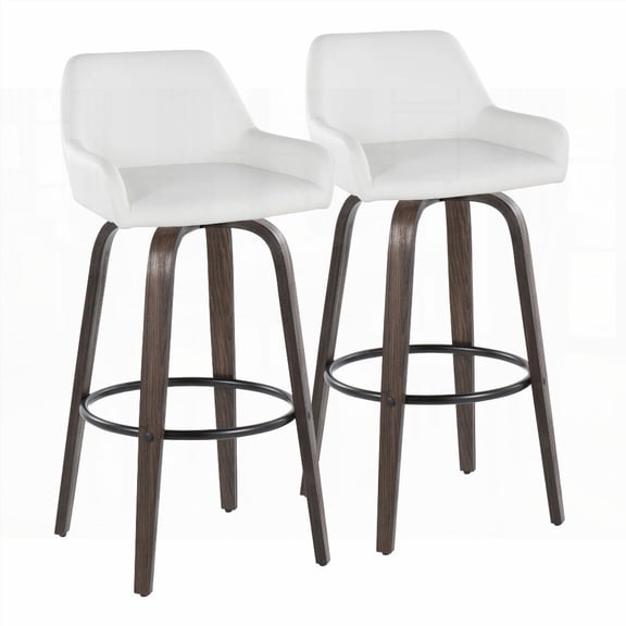 Set of 2 Contemporary 30" Barstools with Walnut Glazed Wood & White Faux Leather - Swivel & Black Metal Footrest