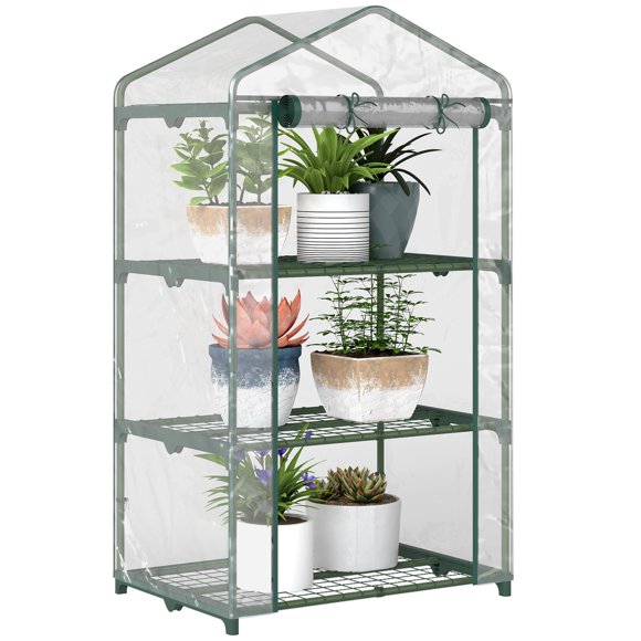 Outsunny Serre Mini à 3 Niveaux, Support de Fleurs Extérieur Portable avec Pinces pour Étagères, Serre Intérieure avec Couvercle en Plastique et Cadre en Acier, Transparent, 27 Pouces x 19 Pouces x 49 Pouces