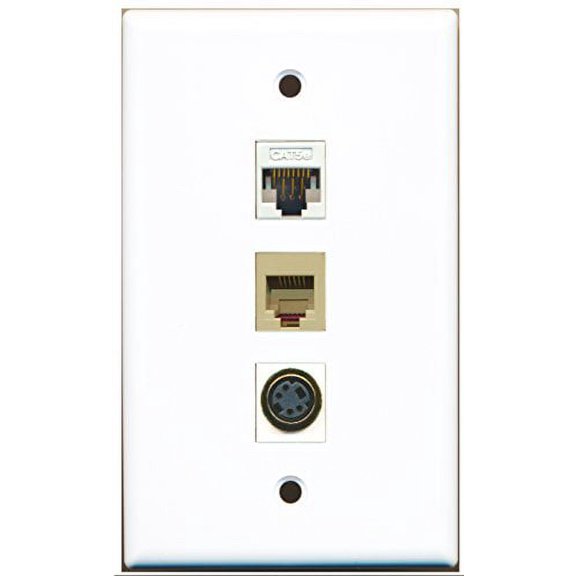 RiteAV - 1 Port Phone RJ11 RJ12 Beige and 1 Port S-Video and 1 Port Cat5e Ethernet White Wall Plate
