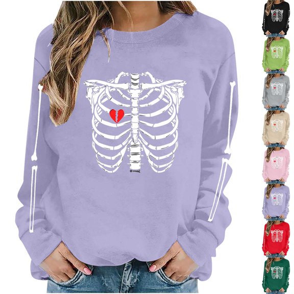 Womens Halloween Oversized Sweatshirt Plus Size Casual Crew Neck Pullover Tops Skeleton Graphic Loose Fit Long Sleeve Shirts