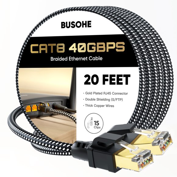 Cable Ethernet BUSOHE Cat 8, 20 pies, 40 Gbps, 2000 Mhz, RJ45, dorado