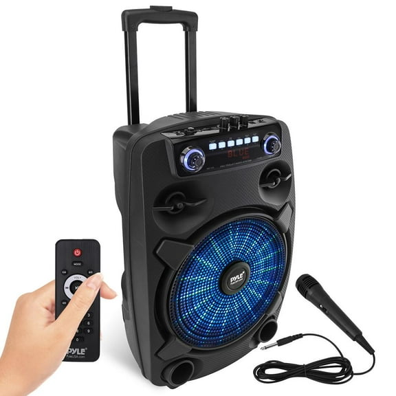 Portable Bluetooth PA Speaker System - 800W 12” Outdoor Bluetooth Speaker Portable PA System - Party Lights, USB SD Card Reader, FM Radio, Rolling Wheels - Wired microphone, Remote - Pyle PPHP127B