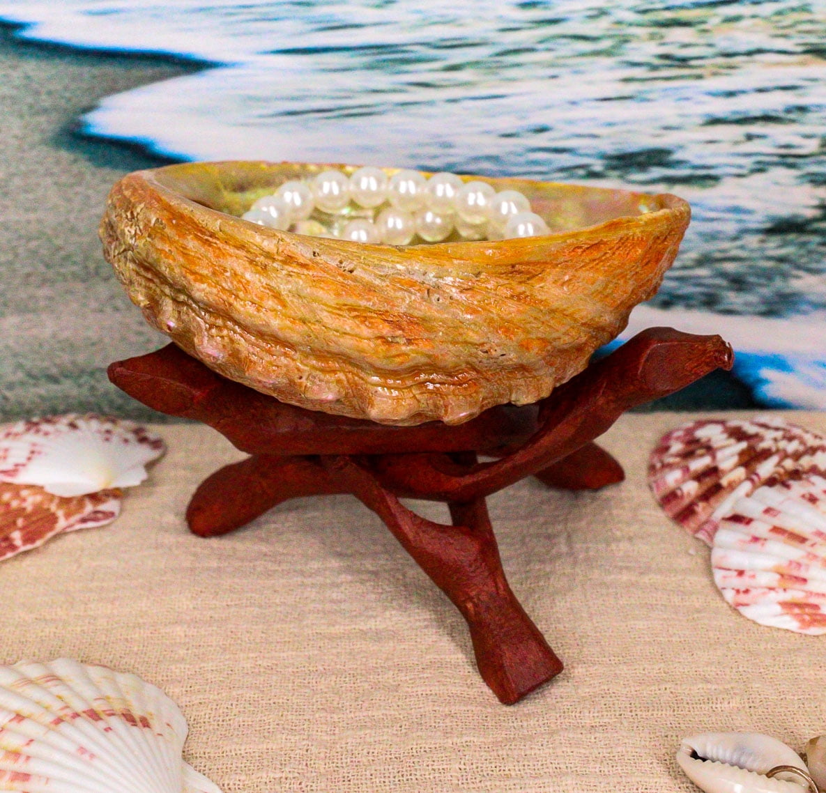 Marine Natural Abalone Shell On Accent Wood Tripod Stand Jewelry Incense Holder