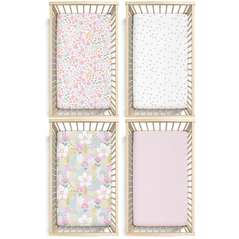 Plushii Baby Crib Sheets Fitted 4 Pack for Boys & Girls, 52'’ x 28'' Soft Microfiber Toddler Bed Sheets for Standard Crib & Toddler Mattresses (Flower)