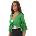 thumbnail image 3 of Haitryli Women Glitter Bead Tassel Belly Dance Top Lace 3/4 Flared Sleeves Shawl Crop Tops Dancewear Green L, 3 of 5
