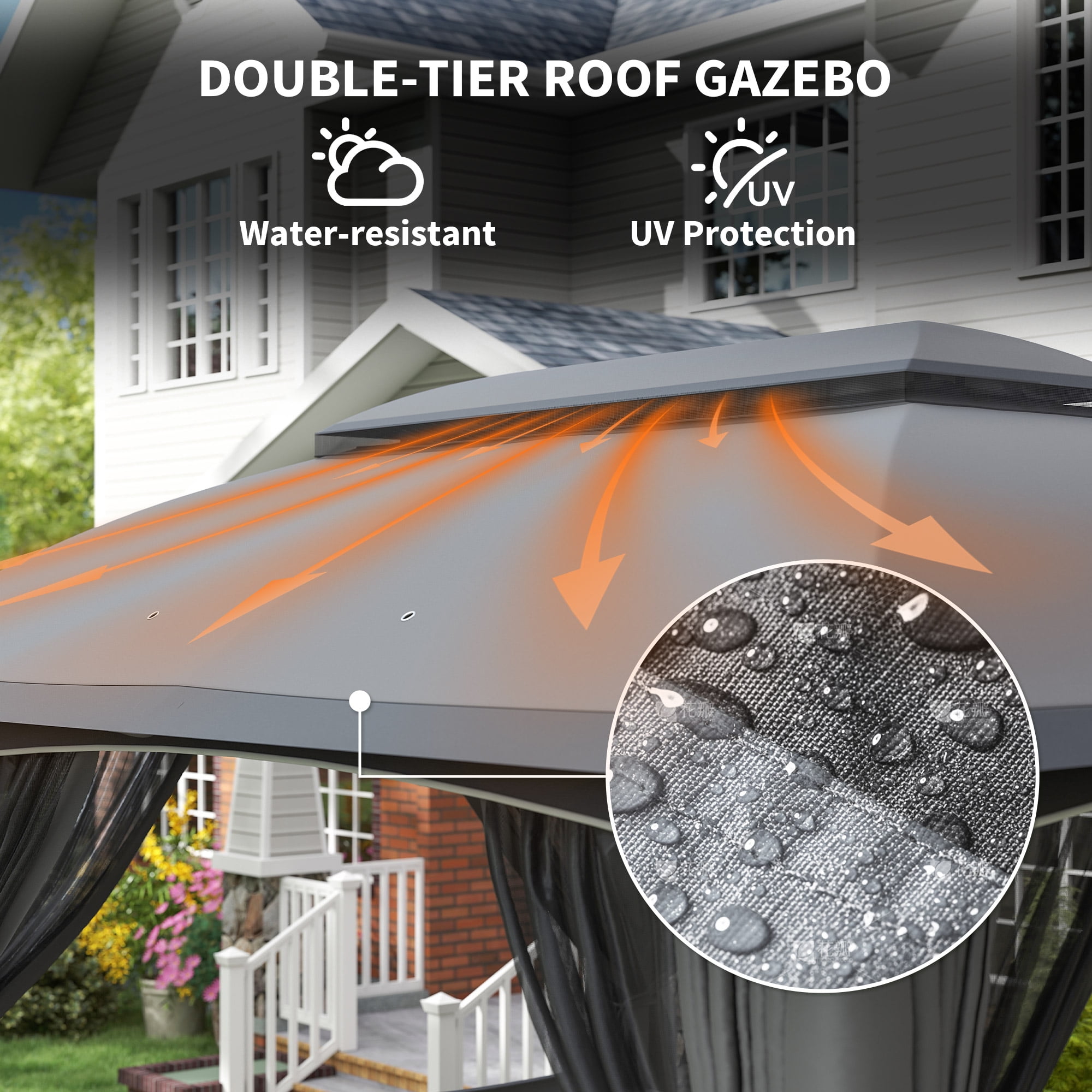 Outsunny 10' x 13' Patio Gazebo with Netting & Curtains, Dark Gray