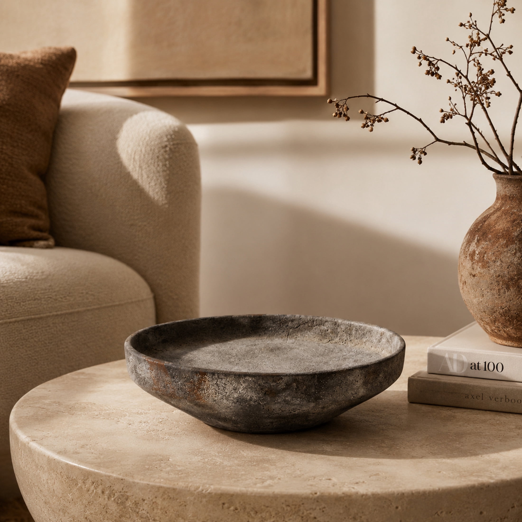 DecMode 12" Round Textured Dark Gray Ceramic Decorative Bowl with Brown Accents