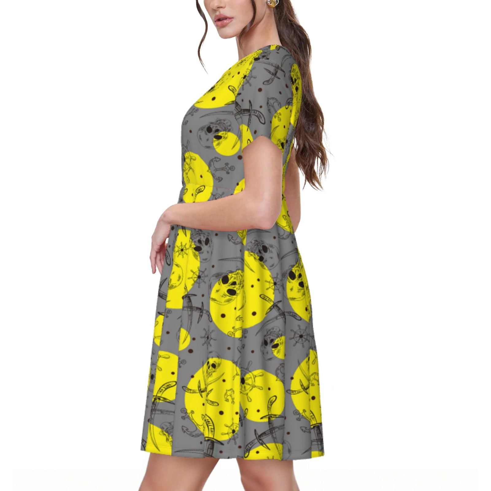Logiee Pirate Skulls Print Womens Summer Dress,Casual Short Sleeve Sundresses,Beach A-line Shift Dress with Pockets