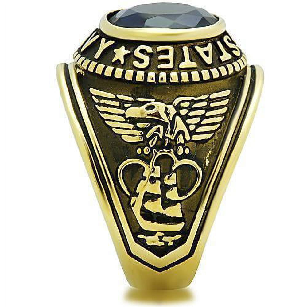 US Navy Ring for Men and Women Unisex Stainless Steel Military Patriotic Ring in Gold with Blue Stone