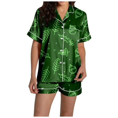 JIANJIA Womens Pajama Sets Christmas Cartoon Print Silk Satin Lapel Short Sleeve Tops With Shorts Sleepwear Nightwear