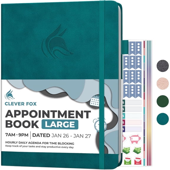 Appointment Book Dated Jan 2026-Jan 2027 – Hourly Schedule Planner with 15-Minute Increments – Time Box Planner for Daily Work & To-Dos – Hardcover, 8.3x11″ (Dark Teal)