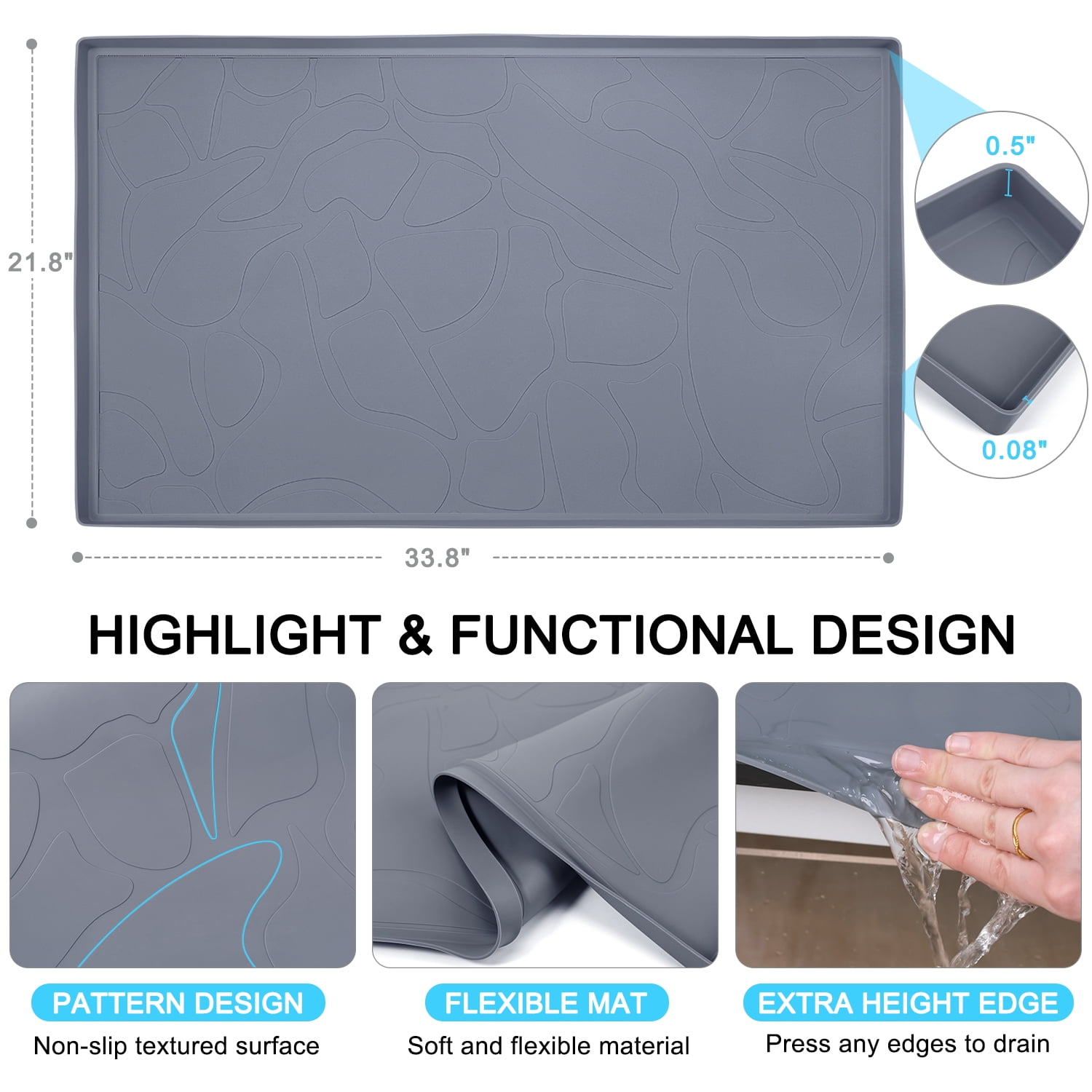 Livhil Under Sink Mat for Kitchen Waterproof, 34"x 22" Silicone Sink Mat Cabinet Liner for Bathroom, Under Sink Mat with Raised Edge, Under Sink Drip Tray Protector