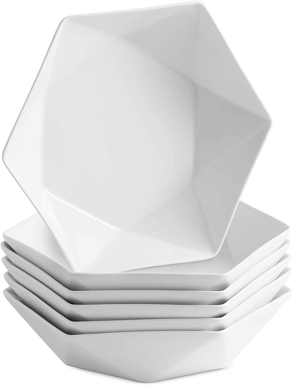 MITBAK 20 Ounce Porcelain Soup Bowls | Set of 6 Diamond Shaped White Serving Bowl Plates For Soup, Ramen, Cereal, Pasta, Fruit, Pho, Salad, Dessert | Decorative Bowls Make Excellent Gift Idea