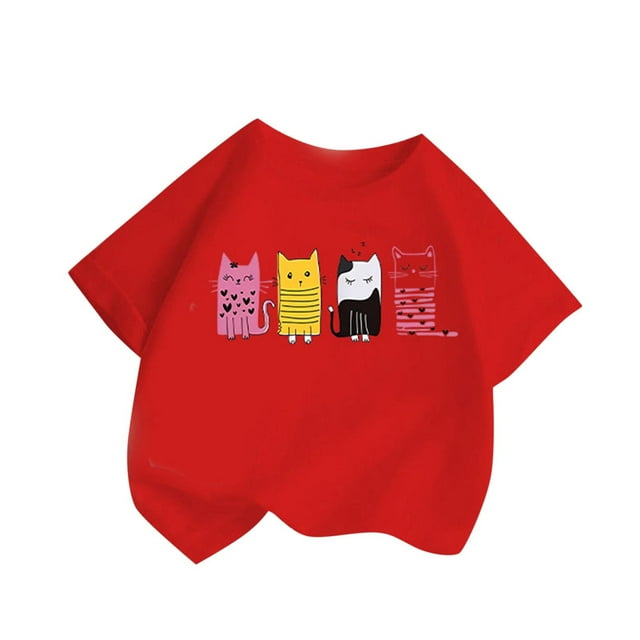 Chemises pour Filles Manches Courtes Animaux Graphiques T-Shirts Col Rond Dessin Animé Décontracté Coton T-Shirt Enfants Hauts d'Été Vêtements Rouge 4-6 Ans