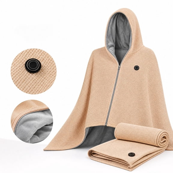 Heated Shawl Wraps Wearable Blankets for Women Men - Rechargeable Cordless Heated Blanket with Hoodie&Zipper, Portable Winter Warm Shawl Heating Scarf for Camping Fishing Home Outdoor Use, Beige