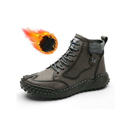 

Avamo Mens Leather Shoes Non Slip Casual Shoe Lace Up Ankle Boot Driving Bootie Outdoor Lightweight Hand Stitching Booties Gray with Warm Lined 9