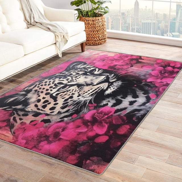 Leopard Area Rug 6x8, Floral Rugs for Bedroom Living Room, Wildlife Carpet, Machine Washable Rug, Non Slip Soft Low Pile Rugs Large Area Rug Home Decor T6&-30
