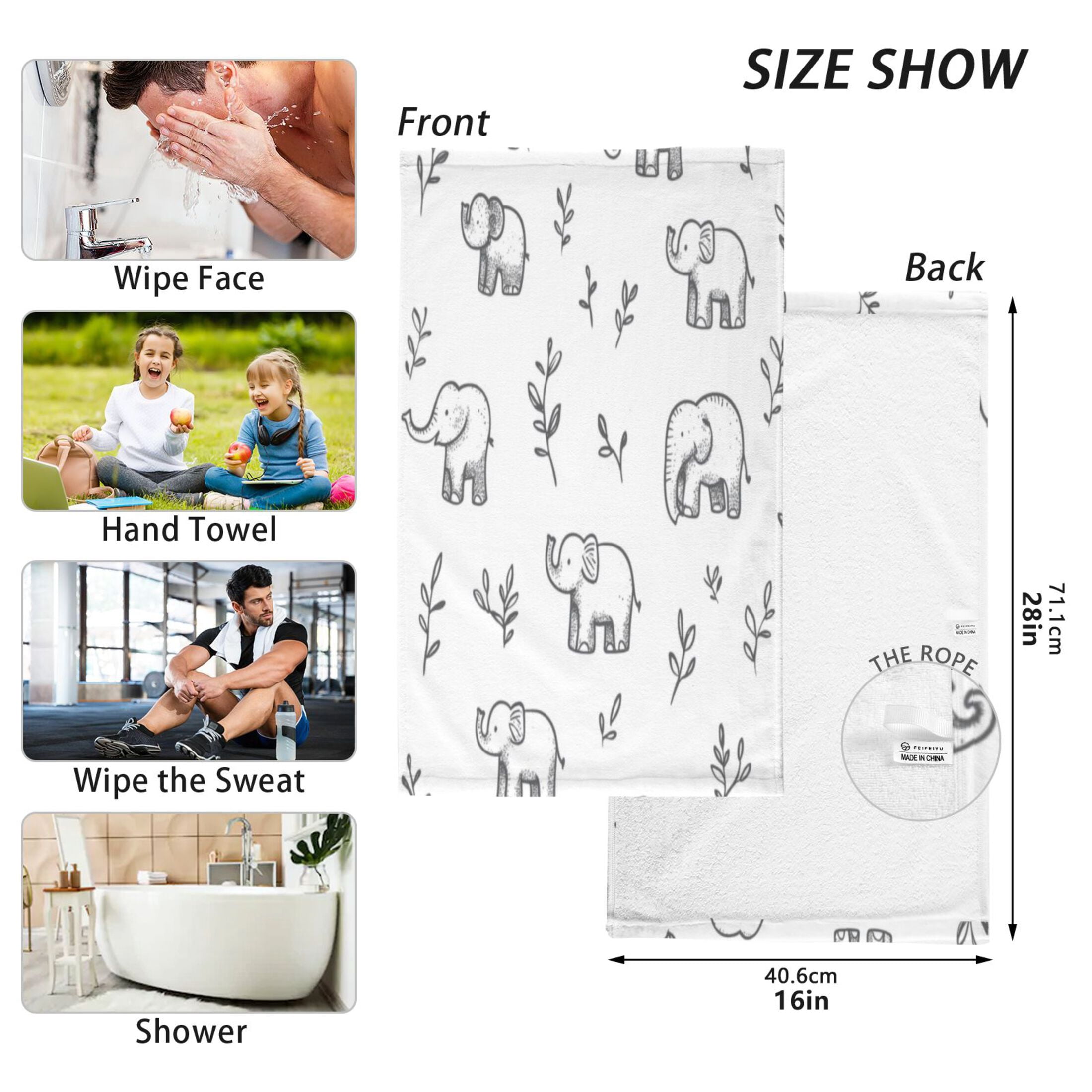 Cotton Towel Two-Piece 16x28 Inch One Sizex2 Face Towel Set Towel Set Cotton Hand Bath Towel Bathroom Beach Cute White Cartoon Elephant