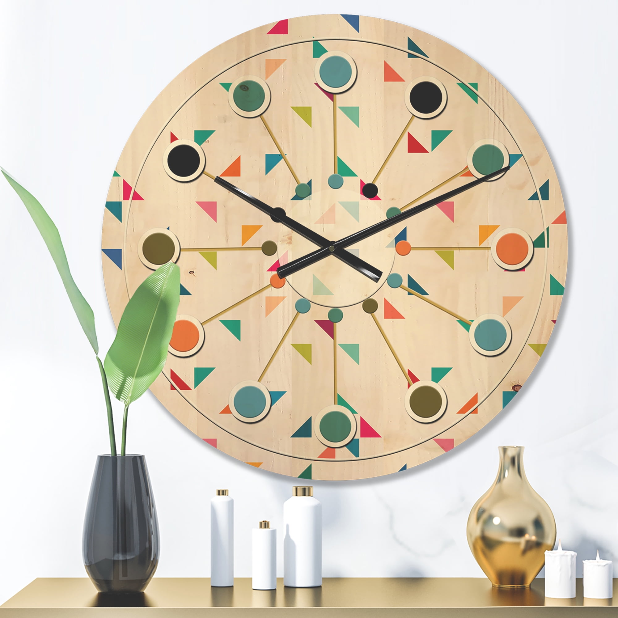 Designart 'Abstract Triangular Shape Retro Pattern I' Mid-Century Modern Wood Wall Clock