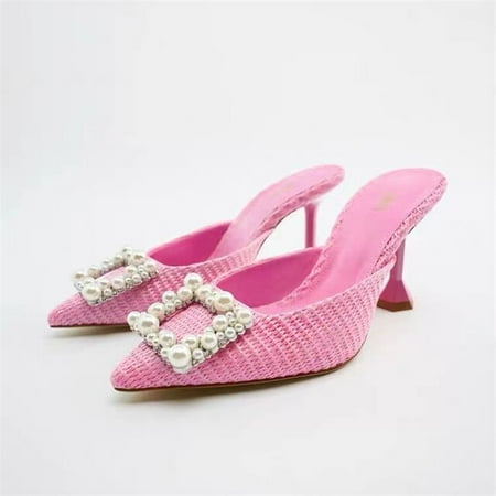 

TRAF Women Pink Pointed Toe Sandals Females Elegant High Heels Slip-On Sexy Ladies Summer Outside Slippers Wedding Party Sandals