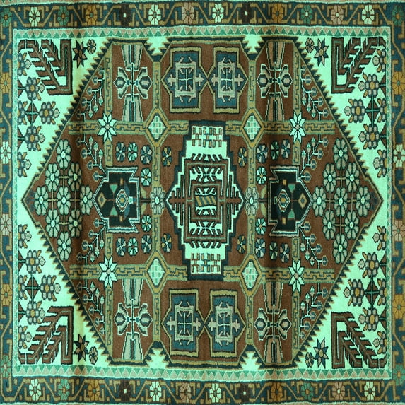 Ahgly Company Machine Washable Indoor Square Persian Turquoise Blue Traditional Area Rugs, 5' Square