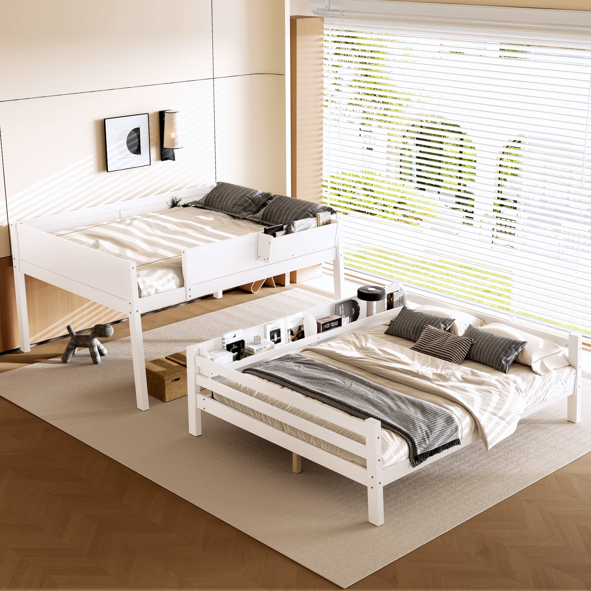 Mintazer Queen Over Queen Detachable Bunk Bed with Storage Shelf and Bookshelf, Modern Convertible Bunk Bed with Ladder and Guardrails for Bedroom Guest Room, White