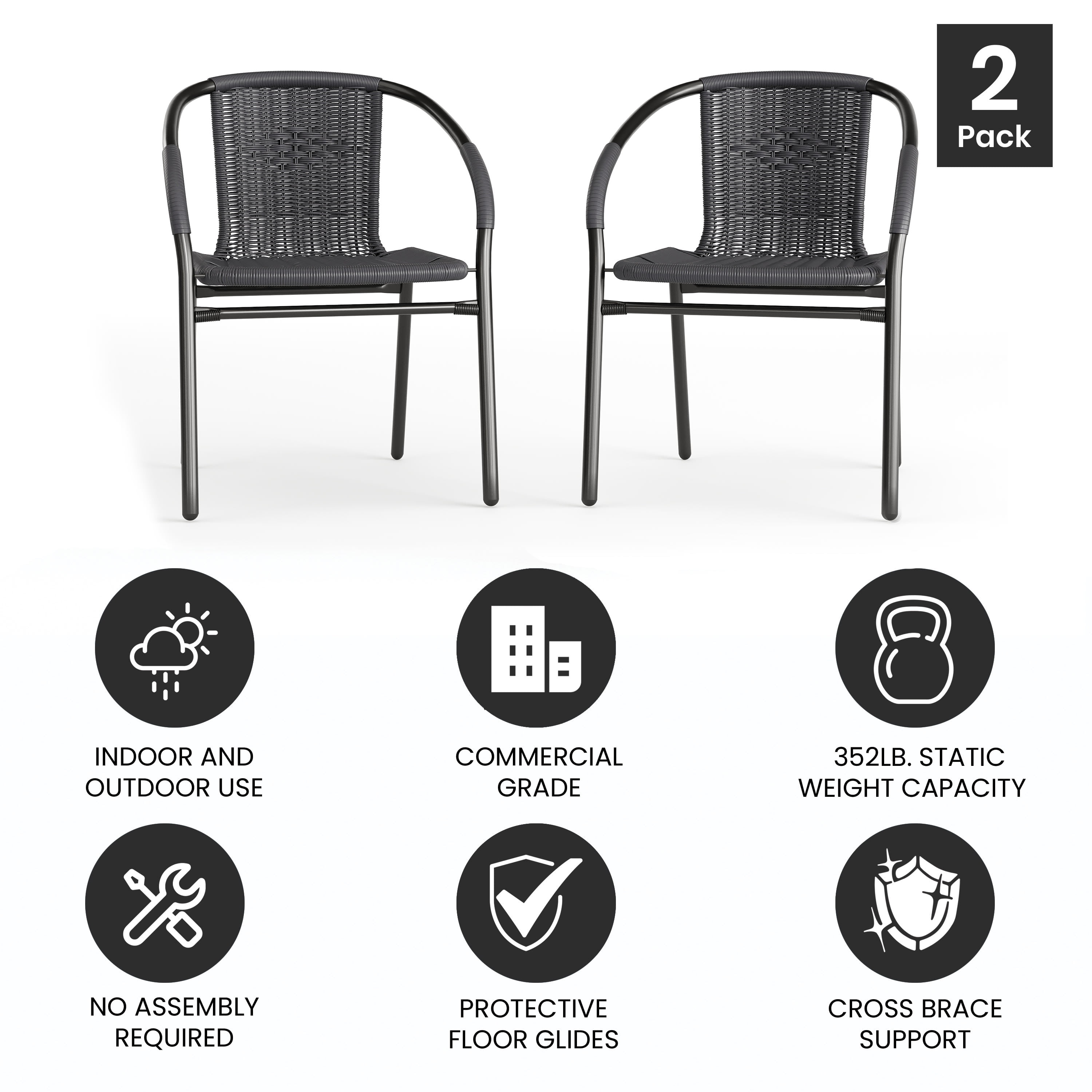 Emma + Oliver Indoor/Outdoor Stacking Rattan Restaurant Patio Chairs, Set of 2, Gray