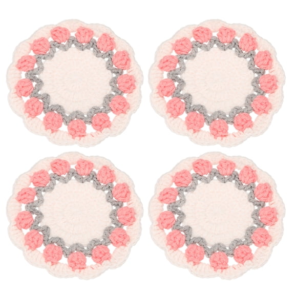 Floral Crochet Coasters, Flower Knitted Cup Mats Crochet Plant Pot Coaster for Wedding Birthday Decor Grey