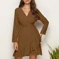 thumbnail image 2 of IROINNID Clearance Semi Formal Dress for Women Long Sleeve Wrap Dress V-neck Bandage High Waist Shirt Dress,Brown, 2 of 3