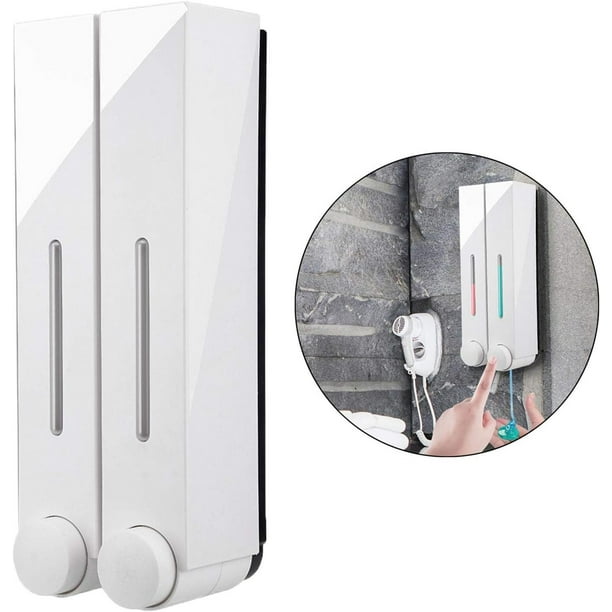 Dispensador de jabón líquido para montaje en pared, dispensador de bomba de ducha de baño de 2 cámaras, presione manualmente el dispensador de jabón en loción para champú, jabón, (blanco)