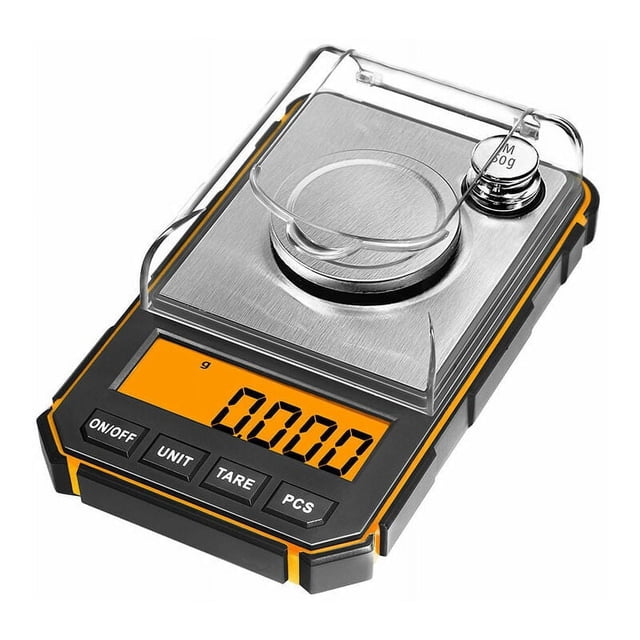 Báscula de precisión, 50 g/0,001 g, báscula de precisión de 0,001 g, báscula de cocina con pantalla LCD con peso de calibración de 50 g y pinzas electrostáticas naranja