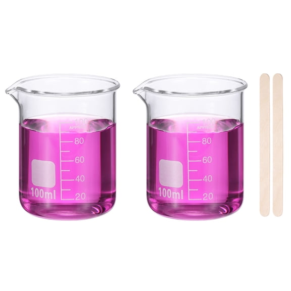 100ml Glass Beaker, 2 Pack Measuring Glass Beaker Graduated Borosilicate Lab Cups Mug Low Form Heat Safe Transparent with 50pcs Wood Sticks for Laboratory Science Kitchen Liquids