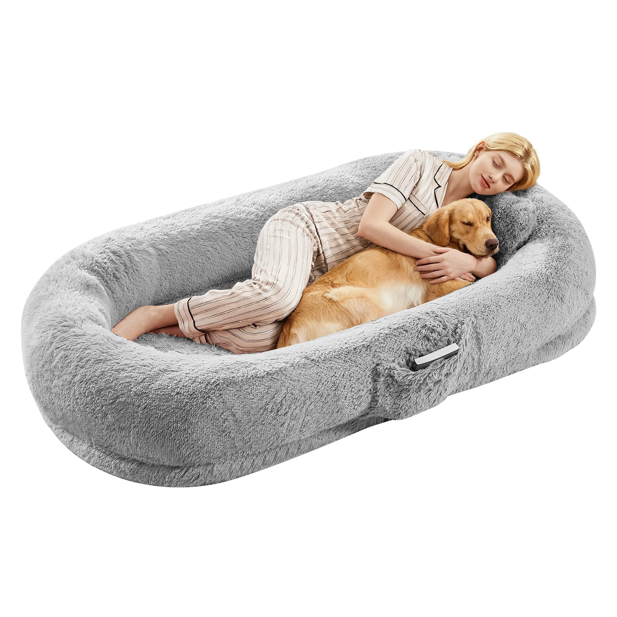Danolapsi Human Dog Bed for Adult & Pets, Faux Fur Removable Human Dogs Bed with Pillow, Portable Handle, Side Pocket, Egg Orthopedic Foam, Large Dog Beds for Bedroom Living Room Office